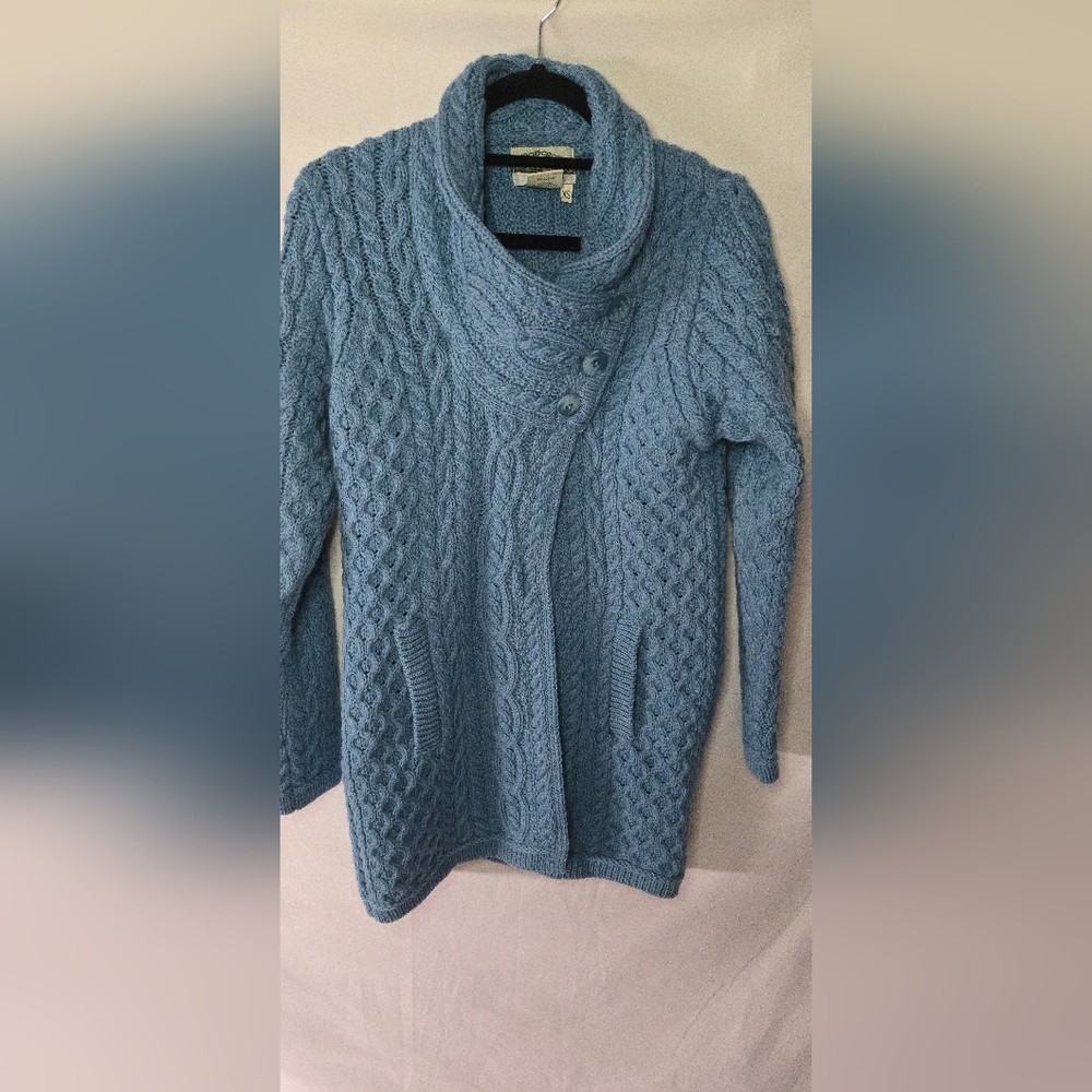 Aran Crafts Ireland 100% Merino Wool Teal Blue Cable Knit Crossover Sweater XS